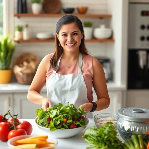 Elena Rodriguez, Lead Nutritionist at WellnessWise, happily preparing a healthy salad in a bright kitchen.